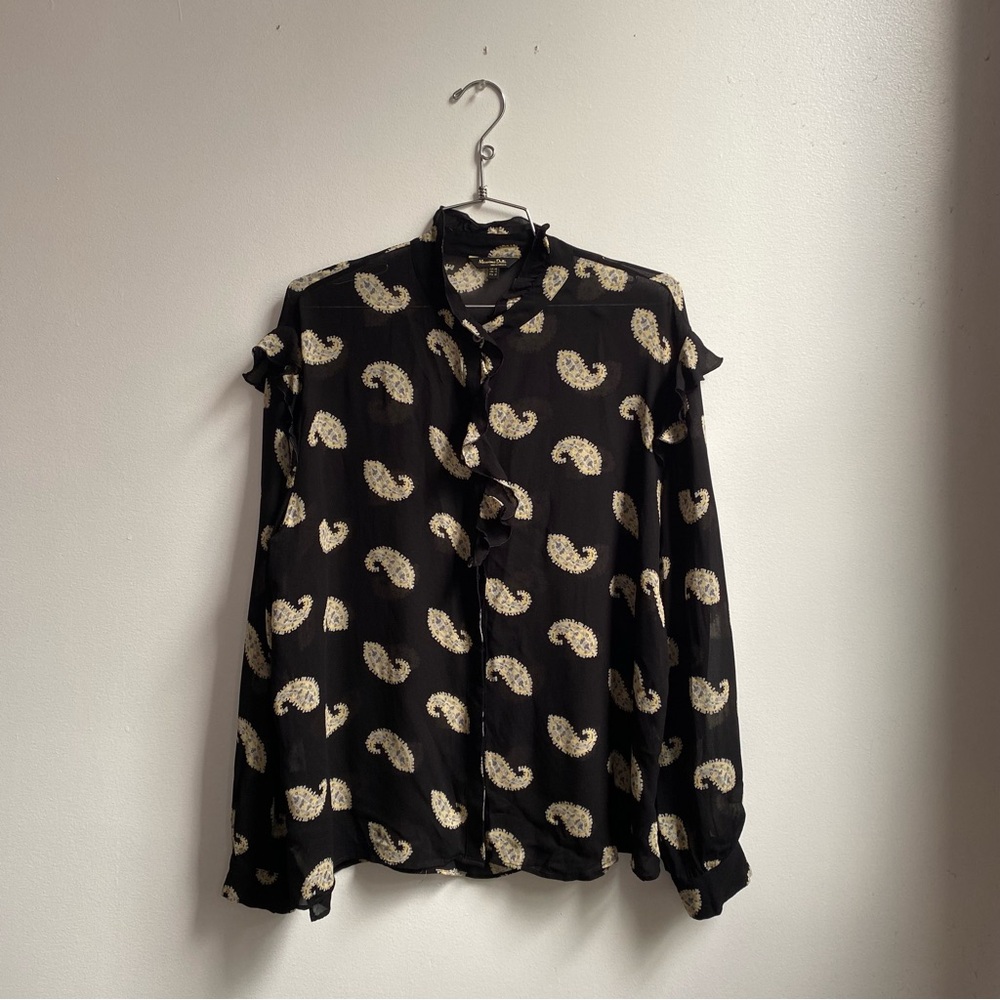 Massimo Dutti Black Paisley Blouse with Ruffle Detailing